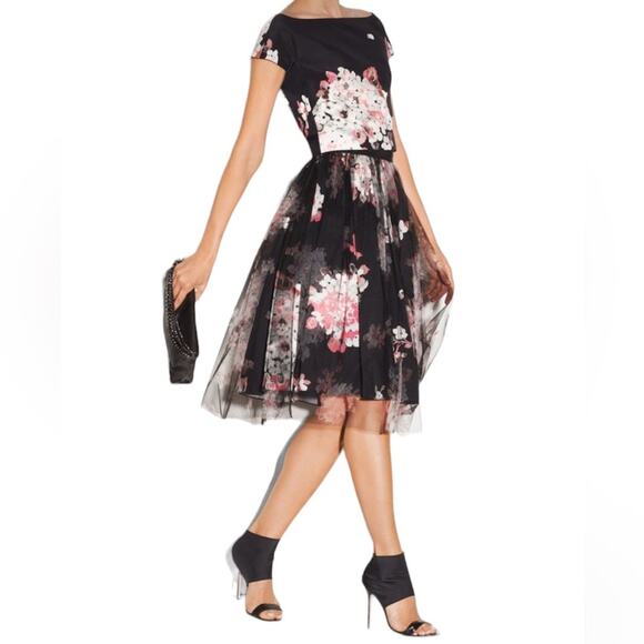 Milly Monica Tulle Overlay Black Pink Floral A-Line Skirt Grosgrain Waistband 6 - Picture 16 of 16
